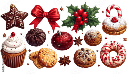 Christmas decorations isolated on white background, festive ornaments, holiday décor, Xmas embellishments, seasonal celebration items, colorful and joyful festive PNG.