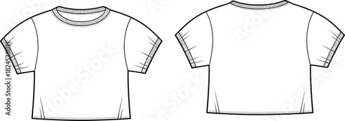 Short sleeve t-shirt flat sketch, technical fashion illustration, front and back view, garment design, apparel template, clothing mockup, vector art