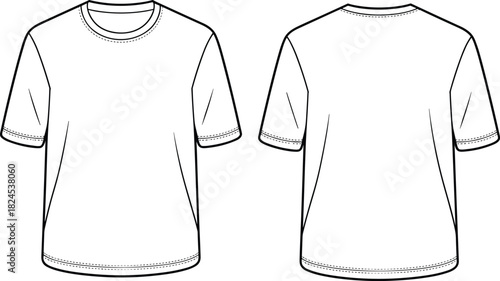 Short sleeve t-shirt technical sketch, fashion illustration, front and back view, garment design, apparel template, clothing mockup, vector drawing, style