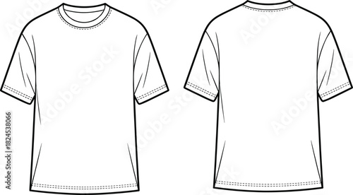 Short sleeve t-shirt technical sketch, fashion illustration, front and back view, garment design, apparel template, clothing mockup, vector drawing, style