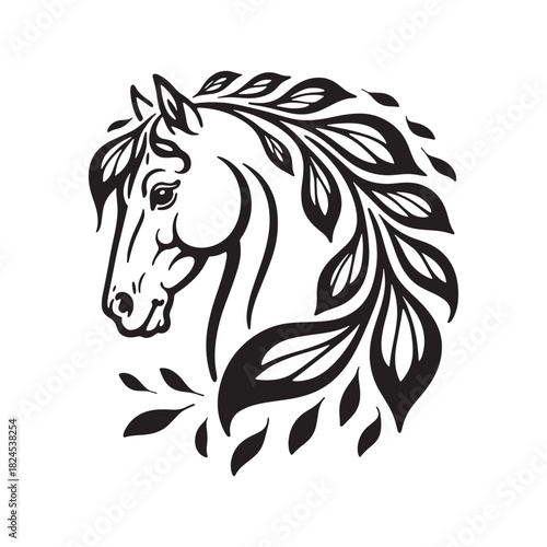 Horse Head Silhouette with Floral Mane equine animal