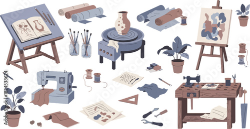 Art Studio Workspace with Painting Supplies and Sewing Equipment in Calm Colors