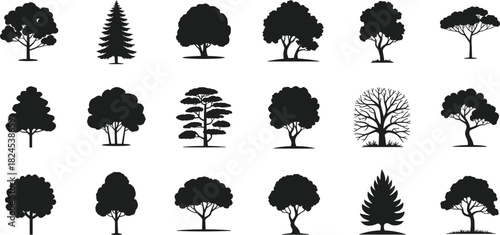 Silhouettes of 20 tree types, varied canopy and trunk designs, black vector illustration, cad drawing flat vector illustration