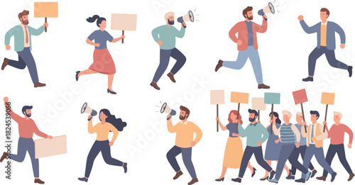 Diverse People Protest Holding Signs and Megaphones in Peaceful Demonstration