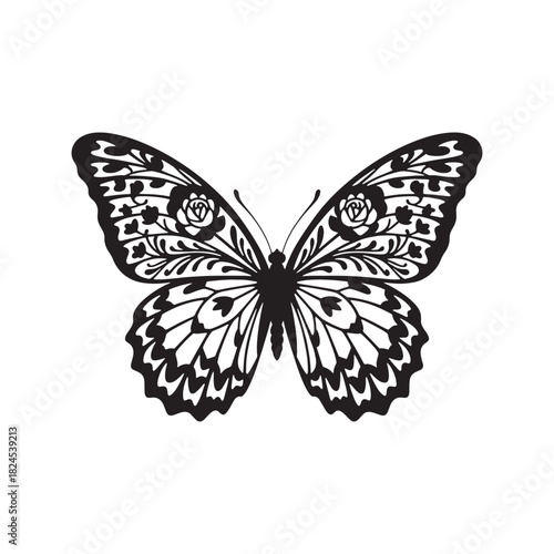 Intricate Butterfly Silhouette With Rose Pattern insect