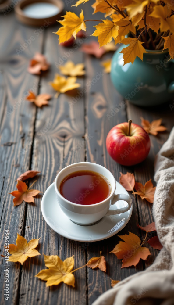 Fototapeta premium Warm cup of tea on rustic wooden table with autumn leaves, red apple, and cozy fall atmosphere in soft natural light