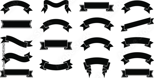 Black ribbon banner set silhouette vector illustration collection