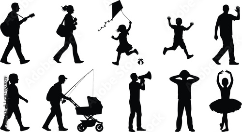 Silhouettes of people in various activities on white background