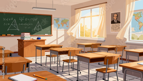 This vibrant classroom illustration features desks, books, stationery, a chalkboard, and decorative posters, creating a bright and organized space ready for learning and teaching.