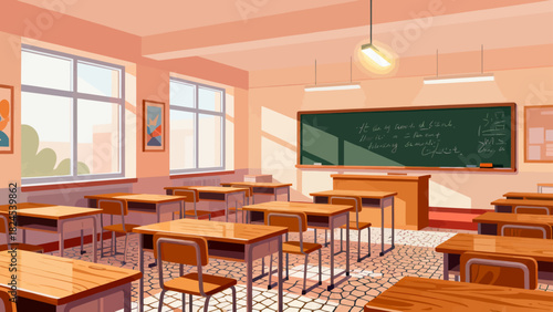 This vibrant classroom illustration features desks, books, stationery, a chalkboard, and decorative posters, creating a bright and organized space ready for learning and teaching.