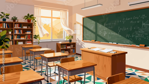 This vibrant classroom illustration features desks, books, stationery, a chalkboard, and decorative posters, creating a bright and organized space ready for learning and teaching.