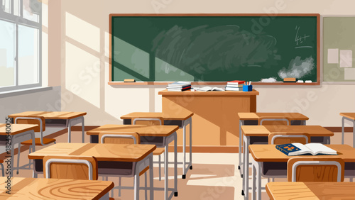 This vibrant classroom illustration features desks, books, stationery, a chalkboard, and decorative posters, creating a bright and organized space ready for learning and teaching.