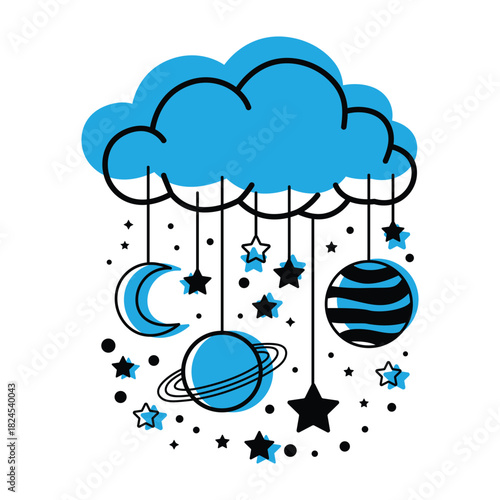 Celestial cloud mobile with moon, stars, and planets hanging illustration