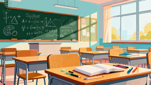 This vibrant classroom illustration features desks, books, stationery, a chalkboard, and decorative posters, creating a bright and organized space ready for learning and teaching.
