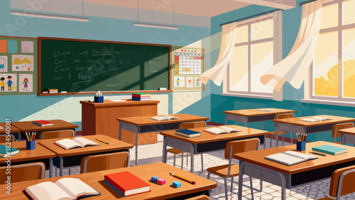 This vibrant classroom illustration features desks, books, stationery, a chalkboard, and decorative posters, creating a bright and organized space ready for learning and teaching.