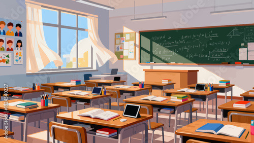 This vibrant classroom illustration features desks, books, stationery, a chalkboard, and decorative posters, creating a bright and organized space ready for learning and teaching.