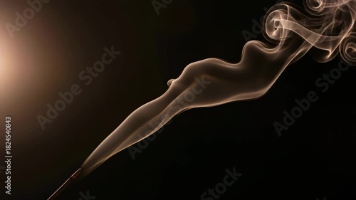 Ethereal smoke forming human figure with soft curves against darkness , Smoke from burning incense curls in slow, elegant patterns in a dark room A slow-motion shot mystical, sensual
