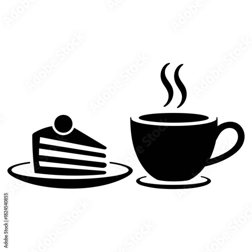 Coffee with slice of cake on a plate icon Silhouette vector style on white background