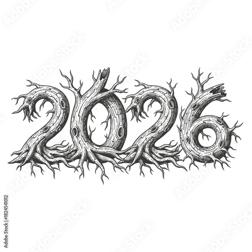 Intricate floral-vintage “2026” with highly detailed ornamental line art for classy decorative celebration themes