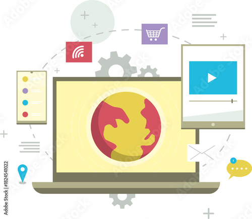 Digital Marketing Illustration – Online Media, E-Commerce & Technology Concept Vector