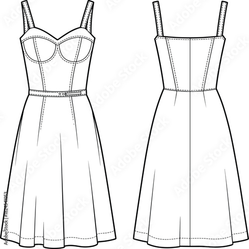 Sleeveless dress sketch, fashion illustration, fitted bodice, flared skirt, garment design, sewing