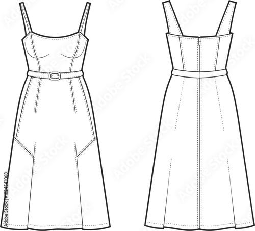 Sleeveless dress technical sketch, scoop neckline, belted waist, princess seams, front and back view, fashion cad illustration