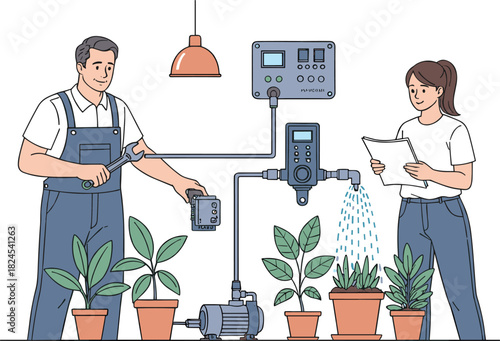 Smart irrigation system setup, cartoon-style teamwork with sensors and electronics, sustainable agriculture vector, cad drawing flat vector illustration