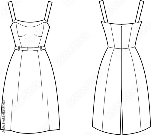 Sweetheart neckline dress, sleeveless fashion sketch, fitted bodice, flared skirt, garment design,