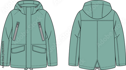 Teal hooded jacket, technical sketch, front and back view, zip pockets, drawstring hem, quilted back, outdoor wear, fashion design