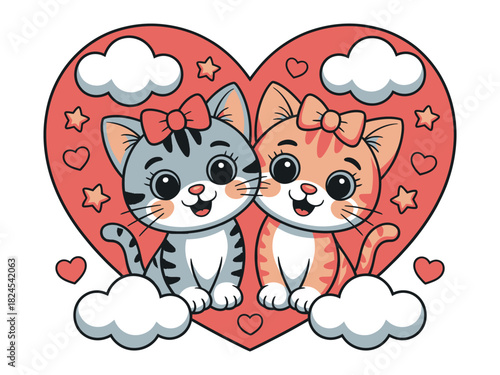 Two adorable cartoon kittens with bows are sitting inside a large heart.
