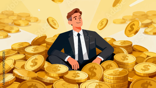 A businessman in a suit sits on a large pile of gold coins, symbolizing financial success, wealth accumulation, and prosperous business achievements.