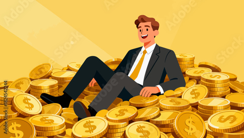 A businessman in a suit sits on a large pile of gold coins, symbolizing financial success, wealth accumulation, and prosperous business achievements.