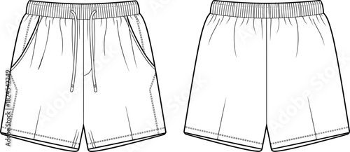 Technical shorts sketch, front and back view, fashion design, garment illustration, flat drawing, elastic waistband, clothing template, vector style