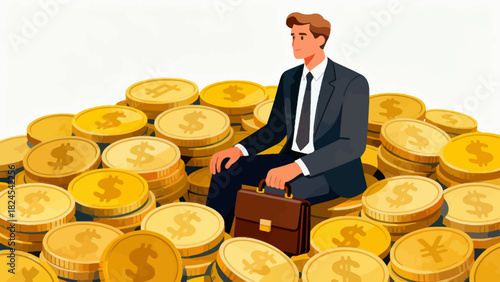 A businessman in a suit sits on a large pile of gold coins, symbolizing financial success, wealth accumulation, and prosperous business achievements.