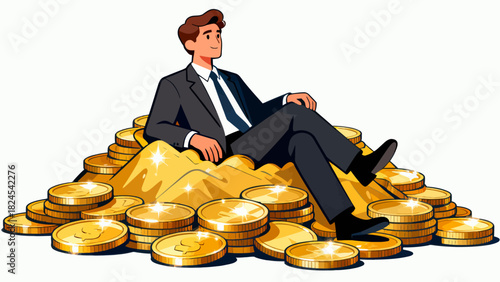 A businessman in a suit sits on a large pile of gold coins, symbolizing financial success, wealth accumulation, and prosperous business achievements.