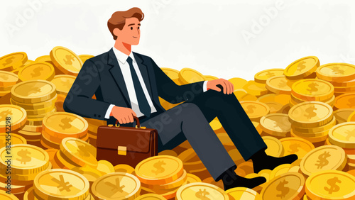 A businessman in a suit sits on a large pile of gold coins, symbolizing financial success, wealth accumulation, and prosperous business achievements.