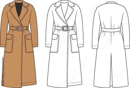 Trench coat fashion sketch, belted outerwear design, technical flat drawing, garment CAD illustration, sewing pattern template, cad drawing flat vector illustration