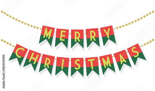 Golden abstract hanging circles strings with red and green paper cut Merry Christmas message in separate letters banners decoration with shadow design elements on white background