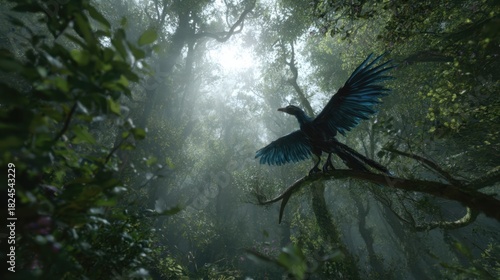Mystical Black Bird with Blue Highlights perches on a tree branch in a foggy forest