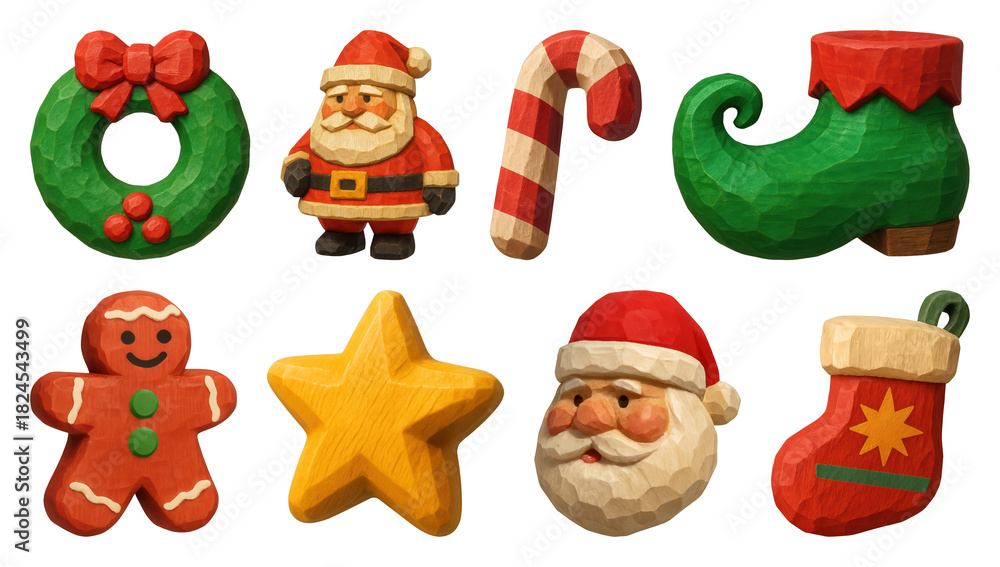 Fototapeta premium PNG Festive wooden Christmas icons, element set on transparent background