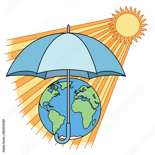 Umbrella shielding Earth from sun rays illustrating Climate Change  