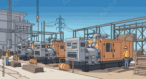Illustration of a screening plant separating materials into piles.