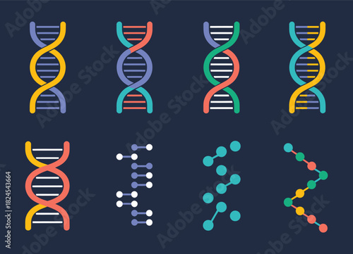 DNA genetic sign elements and icons collection, featuring isolated DNA pictograms, molecular structure symbols, scientific vector design