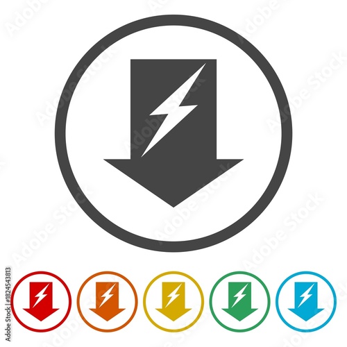Energy reduction icon. Set icons in color circle buttons