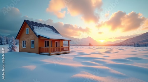 Fototapeta Naklejka Na Ścianę i Meble -  A wooden cabin (snow-dusted roof, porch) sits in a sunlit, snow-covered expanse; golden sunset, mountains, and frosted pines fill the background.