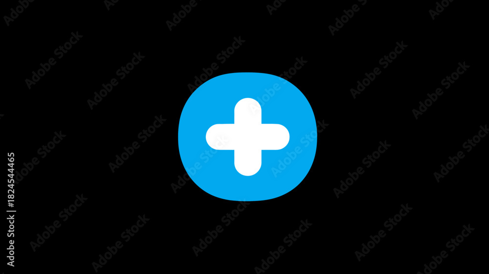 Obraz premium Minimalist blue circle with white plus sign on black background, symbolizing addition, new content, positive action, or increase.