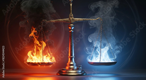 Fiery and icy scales representing balance, justice, and contrasting forces vividly