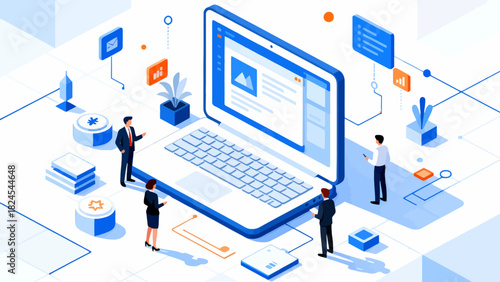 This isometric illustration depicts business professionals collaborating around a large laptop, surrounded by documents and office supplies, representing digital teamwork and corporate workflow.