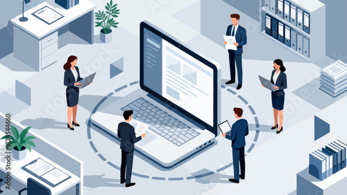 This isometric illustration depicts business professionals collaborating around a large laptop, surrounded by documents and office supplies, representing digital teamwork and corporate workflow.