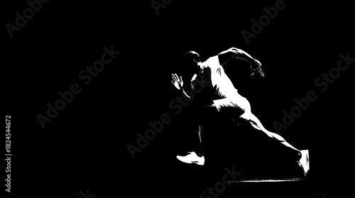 Dynamic male runner sprinting in high-contrast silhouette against a black background, showcasing speed, power, and athletic motion.
